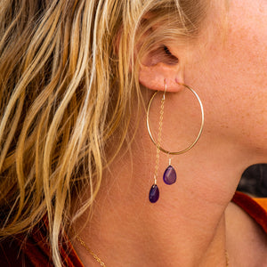 hoop earrings with 14k gold filled wire wrapped amethyst gemstone pendants