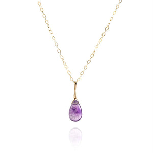 simple gold chain necklace with wire wrapped amethyst gemstone pendant