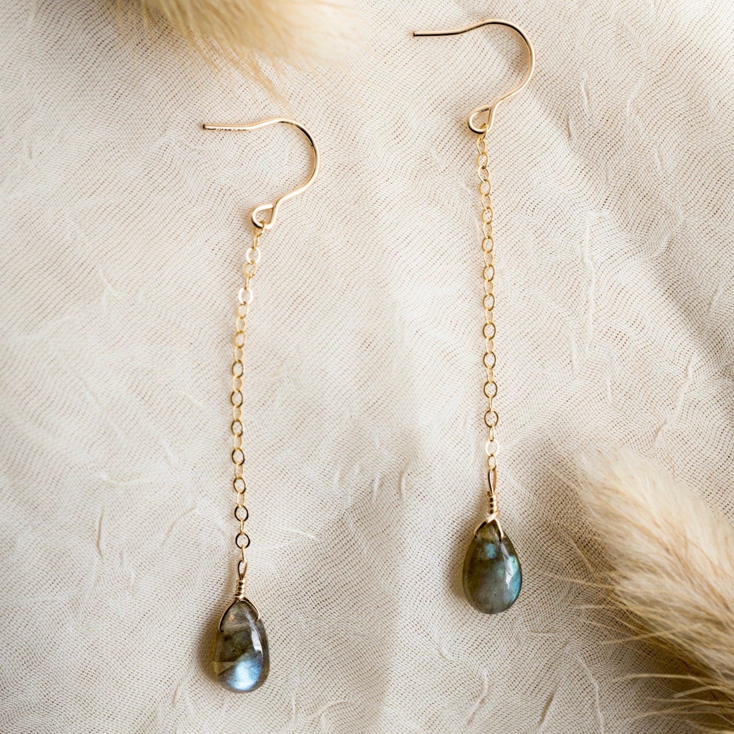 labradorite gemstone dangly gold earrings