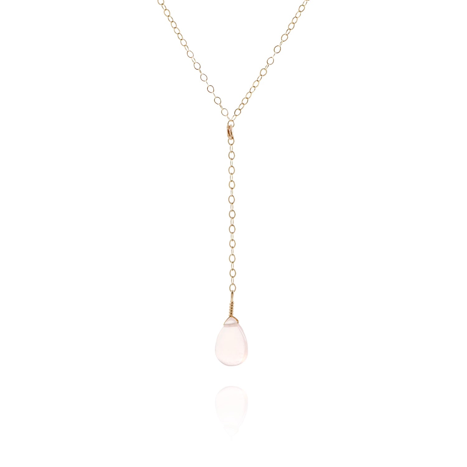gold lariat necklace with rose quartz gemstone