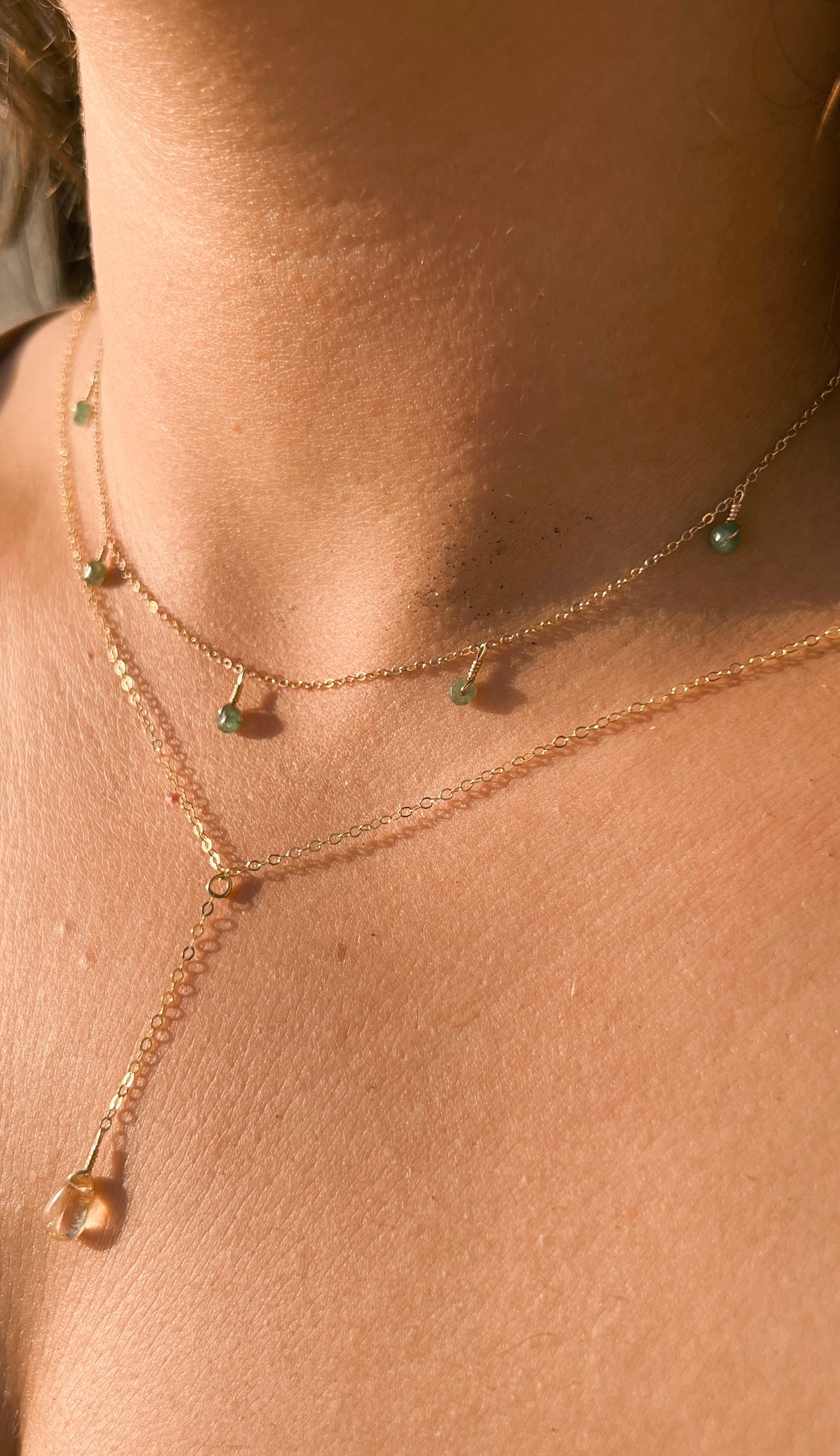 14k Gold Filled Citrine Lariat Necklace and Emerald Statement Necklace Layered Set - Kindness Gems LLC