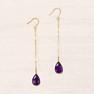earrings with gold wire wrapped amethyst gemstone pendants