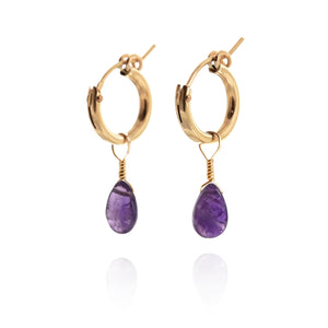 gold huggie earrings with amethyst gemstone pendants