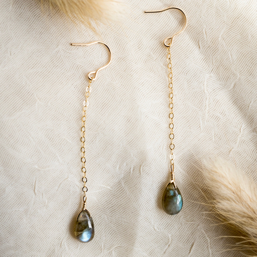 labradorite gemstone dangly gold earrings