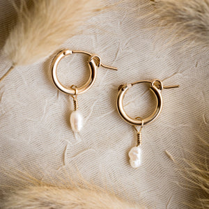 mini gold hoops with pearl gems