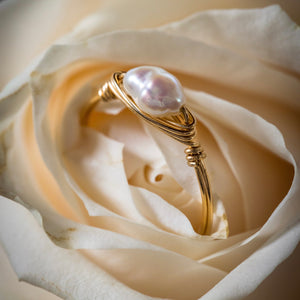 wire wrapped in gold pearl dainty ring